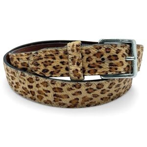 Express Leather Faux Fur Leopard Print Belt with Silver Buckle Large Tan Brown